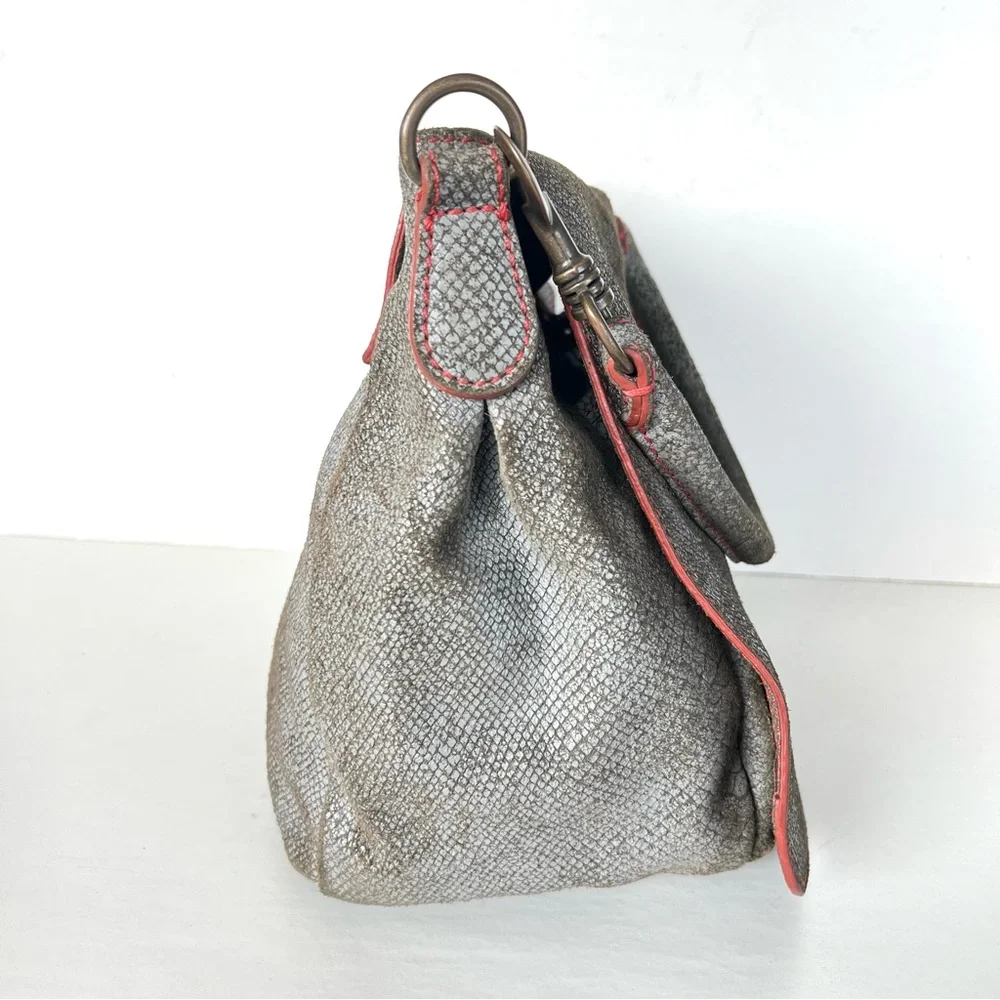 LIEBESKIND Berlin Gray Snake Print Leather Red Stitching Flap Shoulder Bag Tote